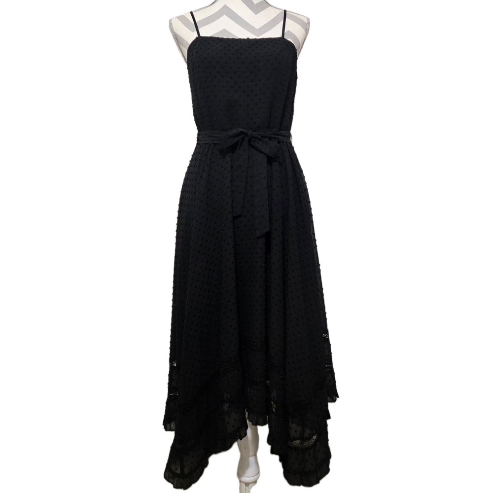 AQUA Black Midi Dress Swiss Dot Lace Inset Handkerchief Hem Tie Waist Small - Picture 15 of 15